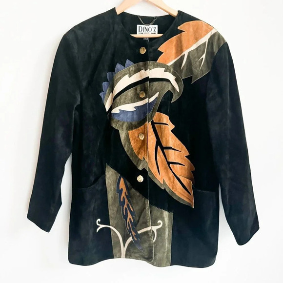 Vintage Dino'z Suede Leaf Print Patchwork Jacket 8 - Picture 2 of 7